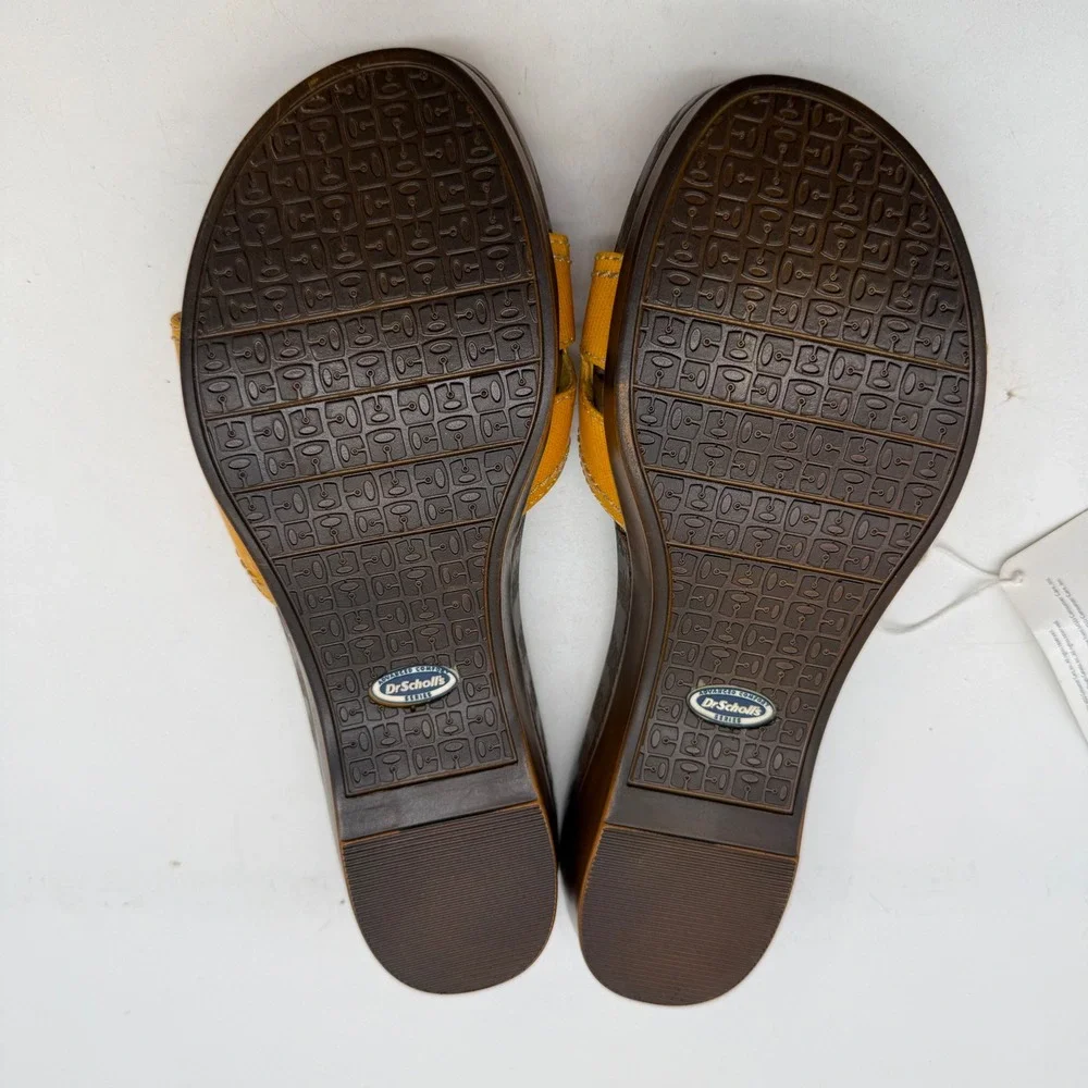 Dr Scholls Womens Yellow Faux Wood Wedge Slide Sandals Size 9 Retro Summer Boho